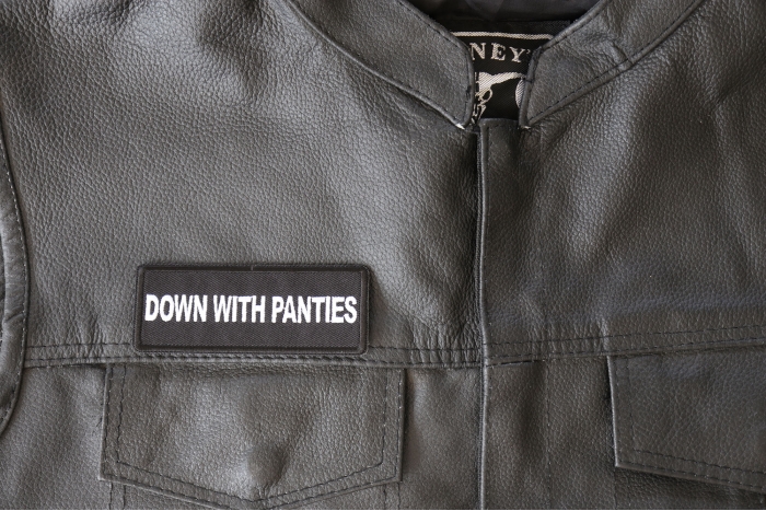 Down with Panties Patch - 4x1.5 inch - Embroidered Iron on Patch shown on leather vest