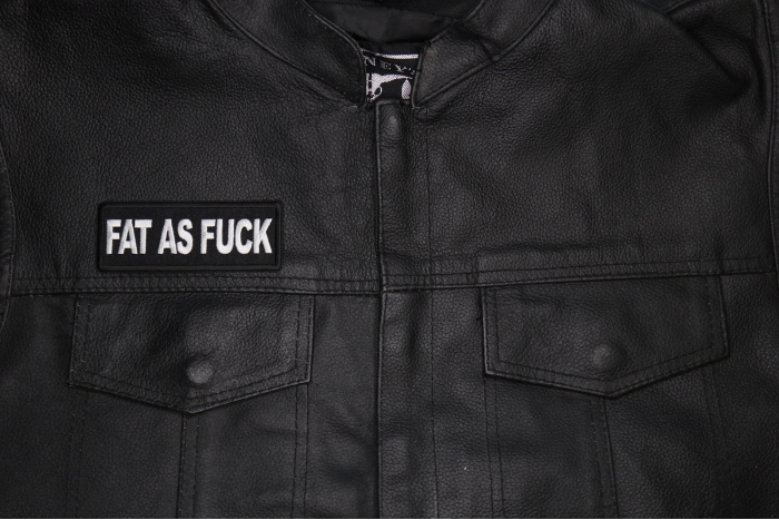 Fat As Fuck Patch shown on leather vest