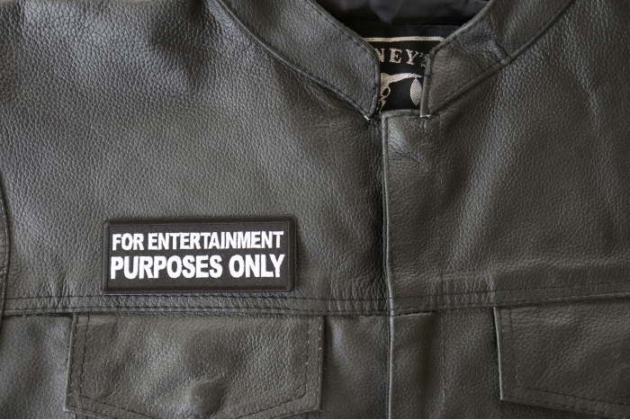 For Entertainment Purposes Only Patch, Funny Saying Patches shown on leather vest