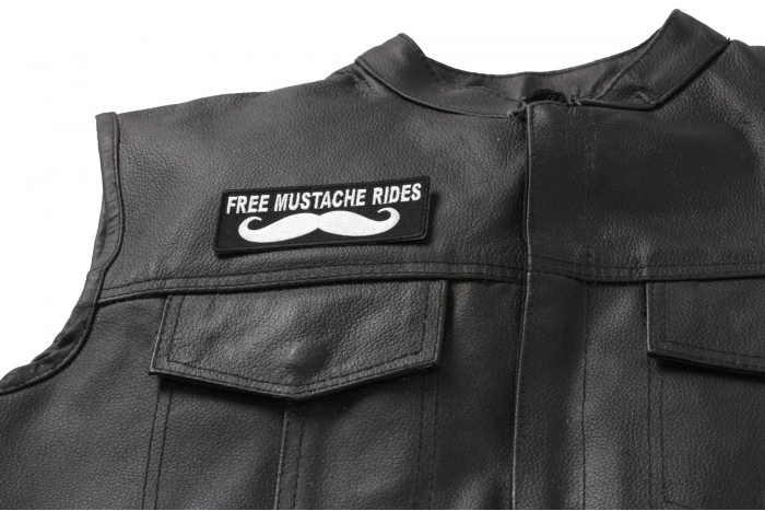 Free Mustache Rides Patch, Funny Patches for Adults shown on leather vest
