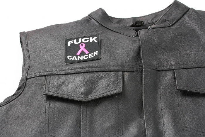 Fuck Cancer Patch - 2.5x2.5 inch. Embroidered Iron on Patch shown on leather vest