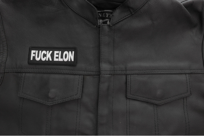 Fuck Elon Patch shown on leather vest