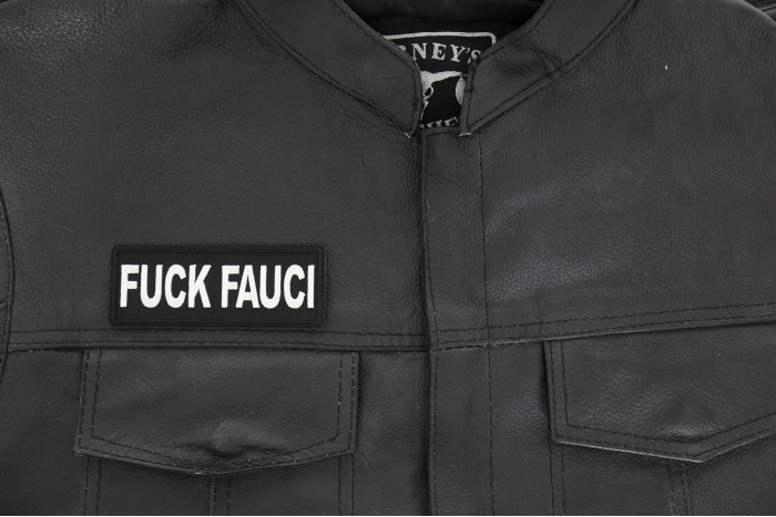 Fuck Fauci Patch - 4x1.5 inch - Embroidered Iron on Patch shown on leather vest