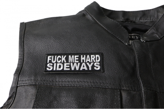 Fuck me Hard Sideways Patch - Iron on Patch - 4x1.5 inch shown on leather vest