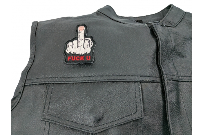 Fuck U Finger Patch - By Ivamis Trading - 2x3 inch - Embroidered Iron on Patch shown on leather vest