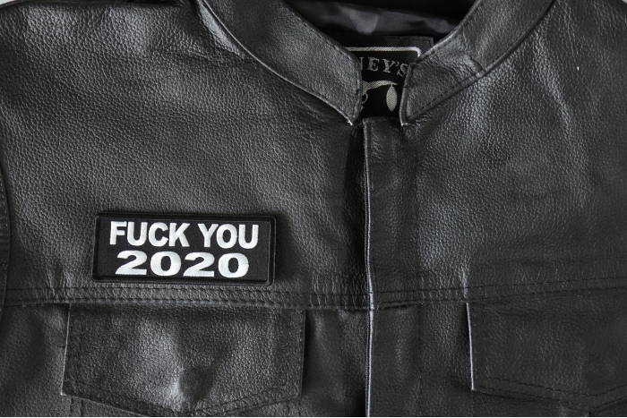 Fuck you 2020 Iron on Patch, Funny Saying Patches shown on leather vest