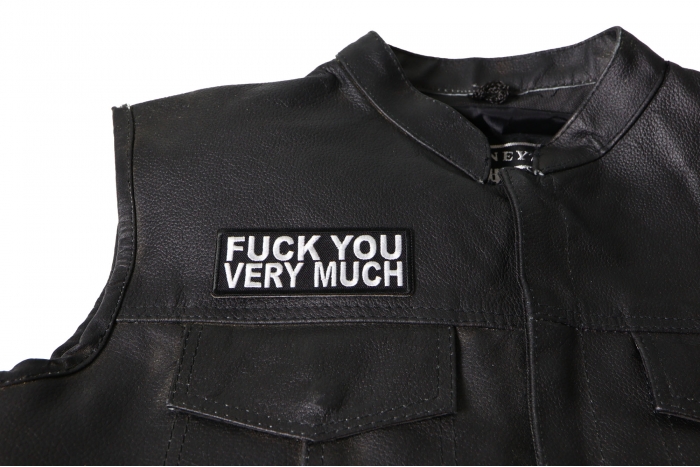 Fuck You Very Much Patch - Iron on Patch - 4x1.5 inch shown on leather vest