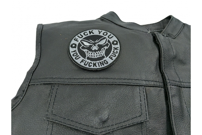 Fuck You You Fucking Fuck Skull Patch - 3.5x3.5 inch. Embroidered Iron on Patch shown on leather vest