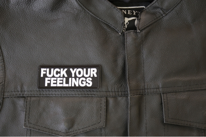 Fuck Your Feelings Patch, Funny Patches for Adults shown on leather vest
