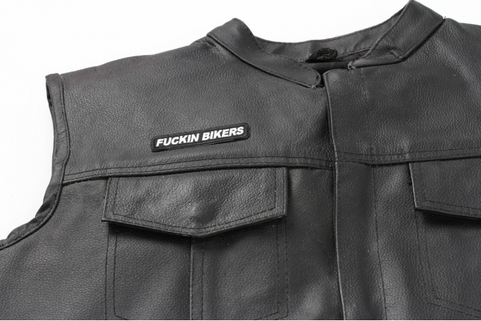 Fuckin Bikers Patch - Iron on Patch - 3x0.75 inch shown on leather vest