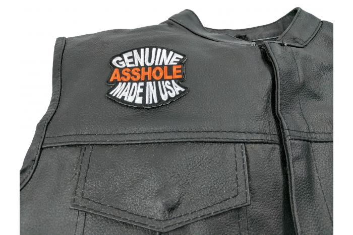 Genuine Asshole Made In USA Patch, Funny Patches for Adults shown on leather vest