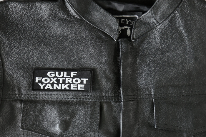Gulf Foxtrot Yankee Patch, Military Saying Patches shown on leather vest