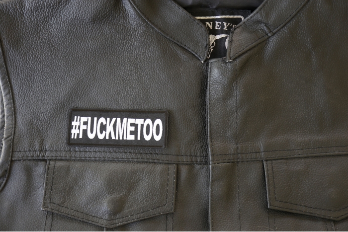 Hashtag Fuck Me Too Patch - 4x1.5 inch. Embroidered Iron on Patch shown on leather vest