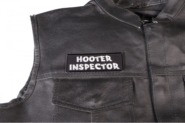 Hooter Inspector Patch, Funny Saying Patches shown on leather vest