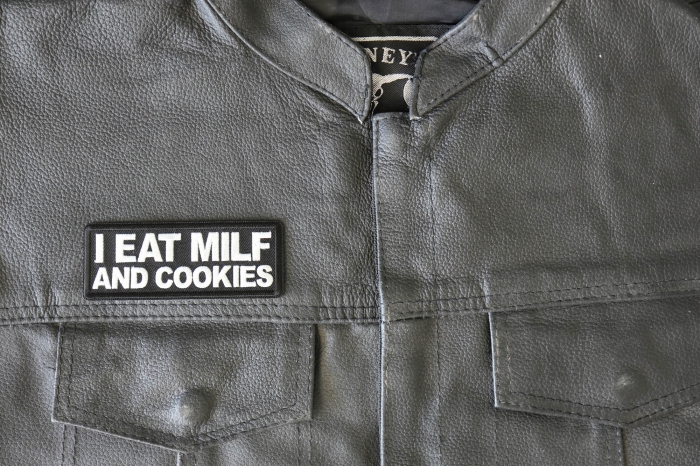 I Eat Milf and Cookies Patch, Funny Saying Patches shown on leather vest