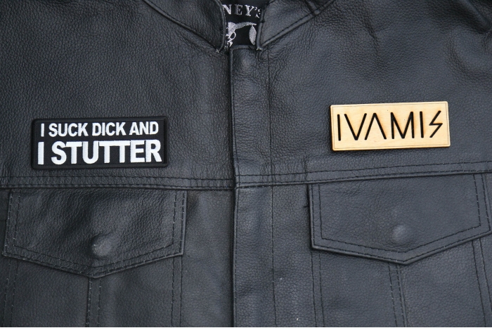 I Suck Dick and I Stutter Patch, Funny Saying Patches, Sew or Iron on shown on leather vest