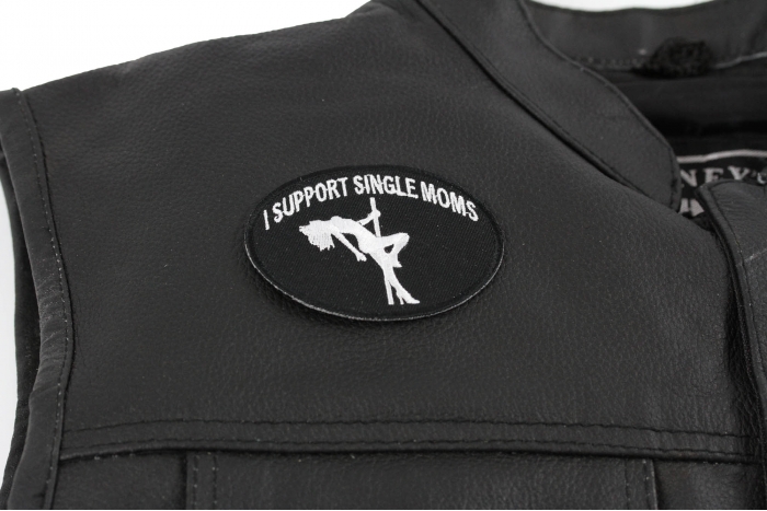I Support Single Moms Funny Biker Patch - 3x2.25 inch. Embroidered Iron on Patch shown on leather vest