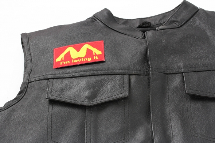 I'm Loving It Patch - 3.5x2 inch. Embroidered Iron on Patch shown on leather vest
