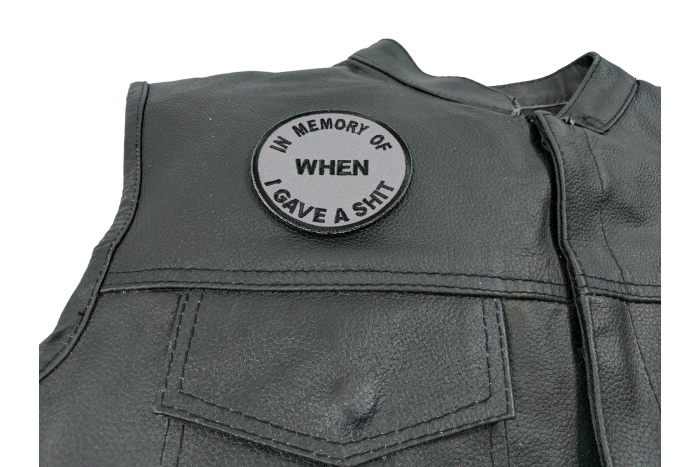 In Memory Of When I Gave A Shit Patch, Funny Patches for Adults shown on leather vest