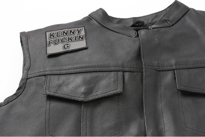 Kenny Fuckin G Patch - Iron on Patch - 3x2.75 inch shown on leather vest