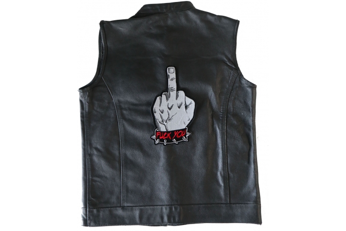 Fuck You Finger Patch, Large Back Patches for Vests shown on leather vest
