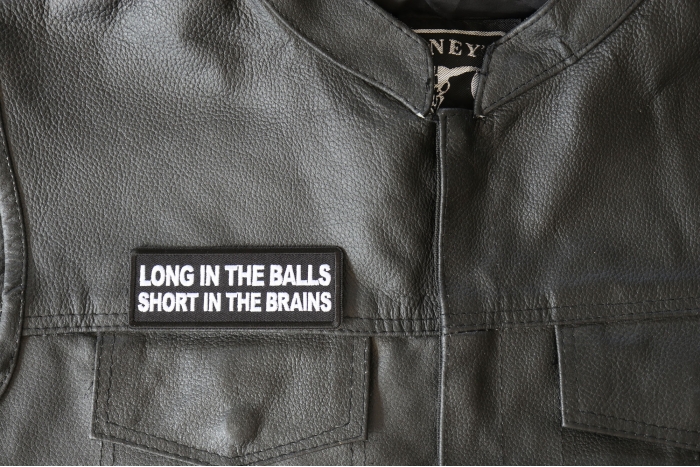 Long in the Balls Short in the Brains Patch, Funny Saying Patches shown on leather vest