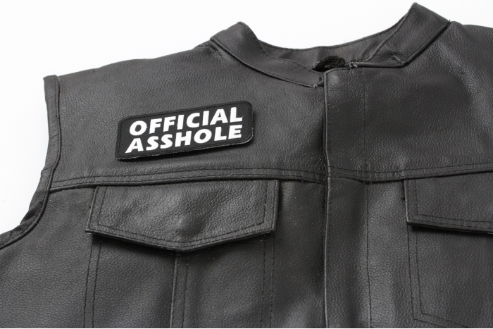 Official Asshole Patch, Funny Patches for Adults shown on leather vest