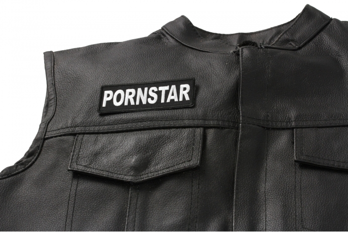 Pornstar Patch - Iron on Patch - 4x1.5 inch shown on leather vest