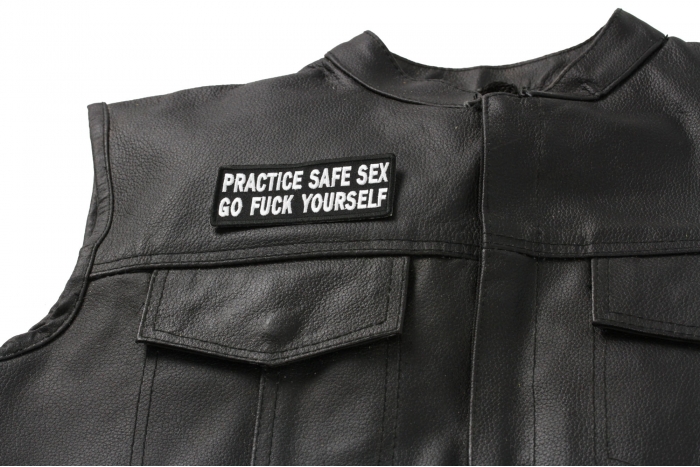 Practice Safe Sex Go Fuck Yourself Patch, Funny Patches for Adults shown on leather vest