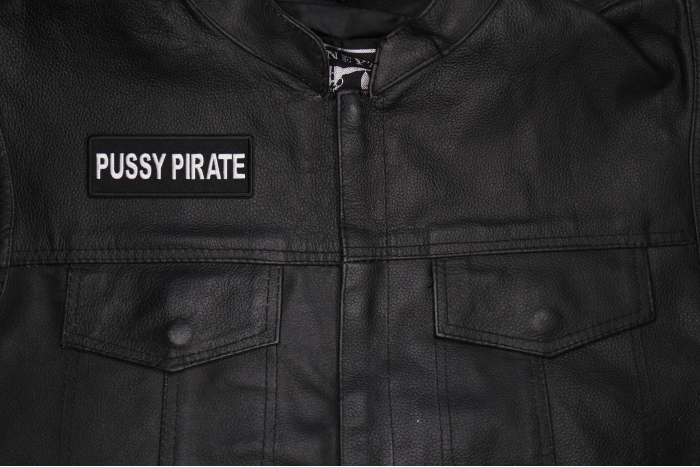 Pussy Pirate Patch shown on leather vest