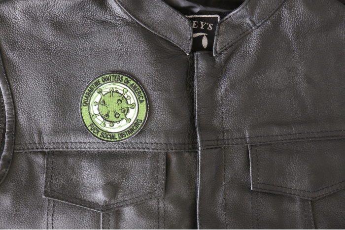 Quarantine quitters of America Fuck Social Distancing Patch - 3x3 inch - Embroidered Iron on Patch shown on leather vest