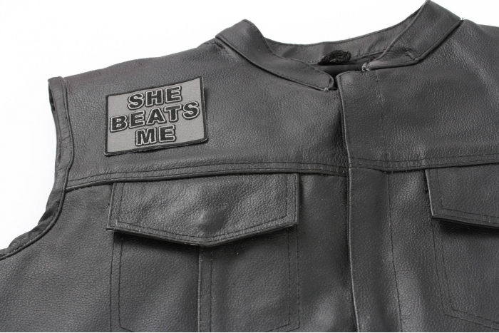 She Beats Me Patch - Iron on Patch - 3x2.75 inch shown on leather vest