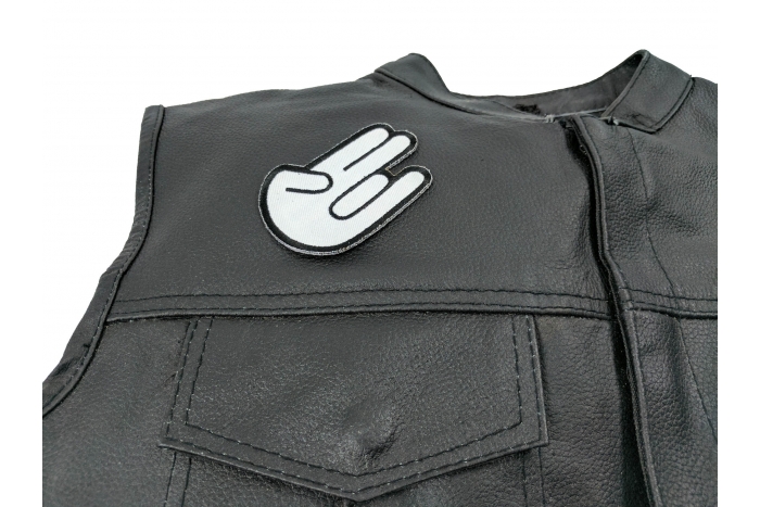 Shocker Hand Sign Patch - 3.25x2.25 inch. Embroidered Iron on Patch shown on leather vest