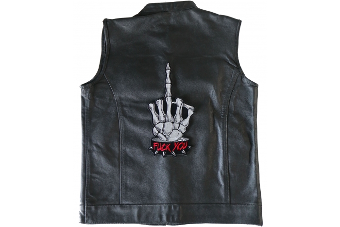 Fuck You Skeleton Middle Finger Patch, Large Back Patches for Vests shown on leather vest
