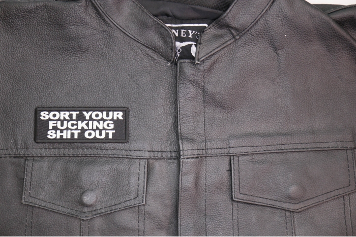 Sort Your Fucking Shit Out Patch, Funny Saying Patches, Sew or Iron on Patch shown on leather vest