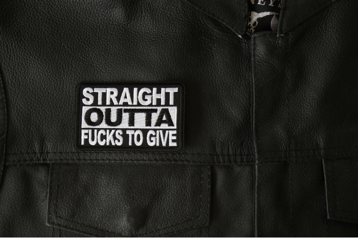 Straight Outta Fucks To Give Patch, Funny Patches for Adults shown on leather vest