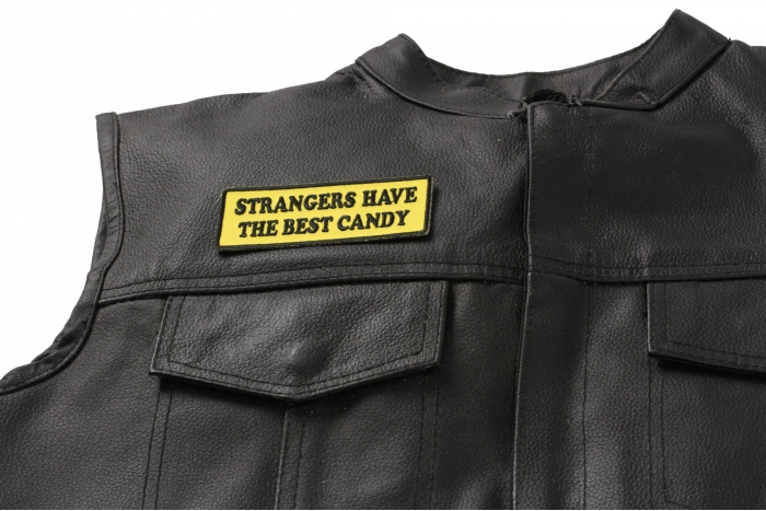 Strangers Have The Best Candy Patch, Funny Patches for Adults shown on leather vest