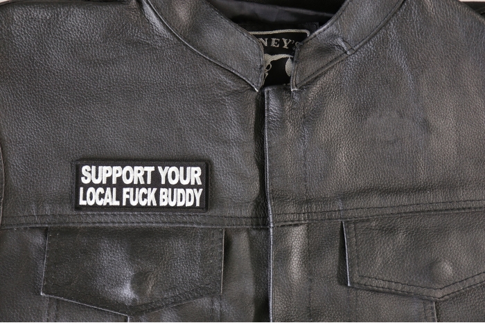 Support Your Local Fuck Buddy Patch, Funny Patches for Adults shown on leather vest