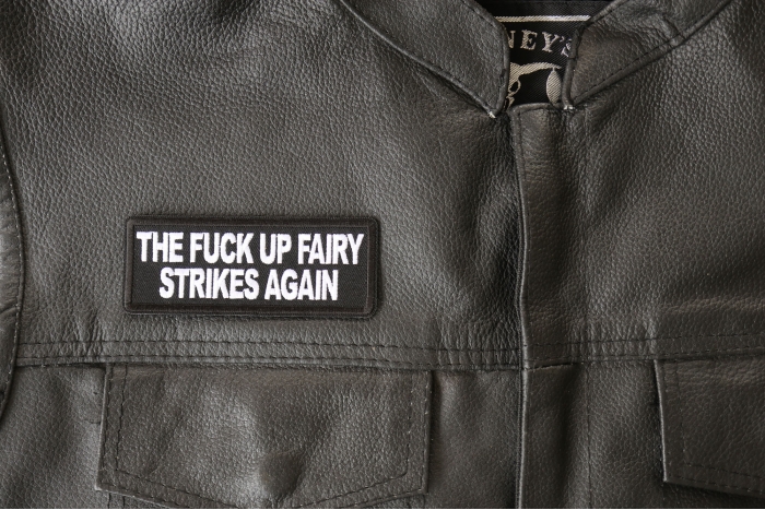 The Fuck Up Fairy Strikes Again Patch, Funny Patches for Adults shown on leather vest