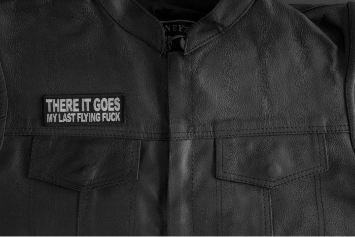 There It Goes My Last Flying Fuck Patch shown on leather vest