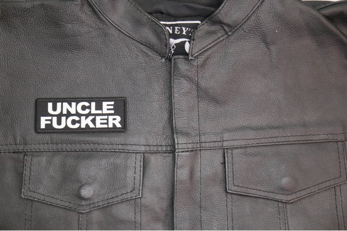 Uncle Fucker Patch, Funny Saying Patches shown on leather vest