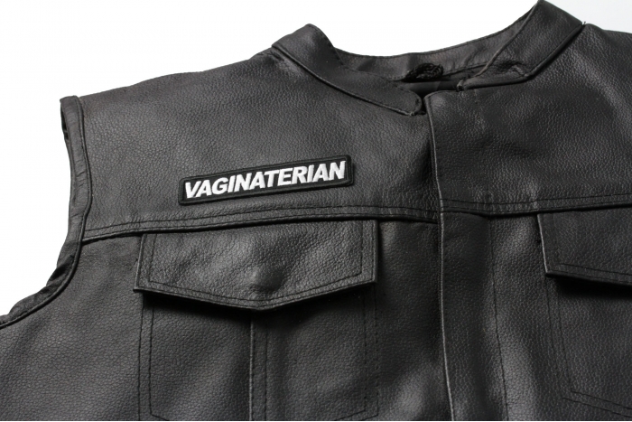 Vaginaterian Patch, Funny Patches for Adults shown on leather vest