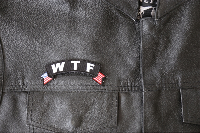 WTF Patch, Funny Patches for Adults shown on leather vest