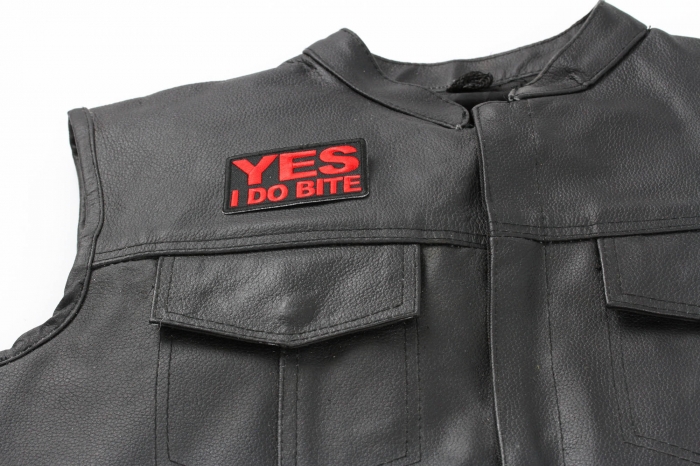 Yes I Do Bite Patch, Funny Patches for Adults shown on leather vest