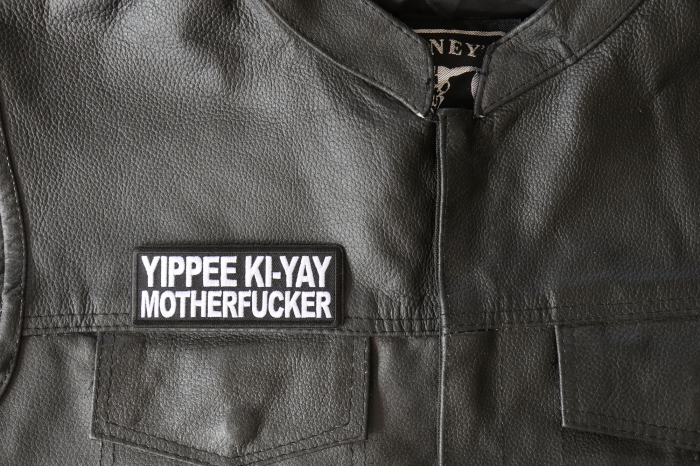 Yippee Ki Yay Motherfucker Patch, Funny Patches for Adults shown on leather vest