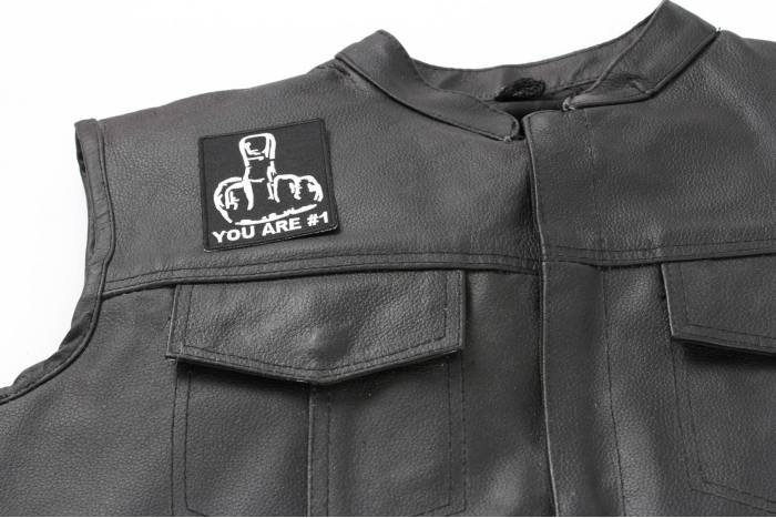 You Are No 1 Middle Finger Patch - 2.5x3.25 inch. Embroidered Iron on Patch shown on leather vest