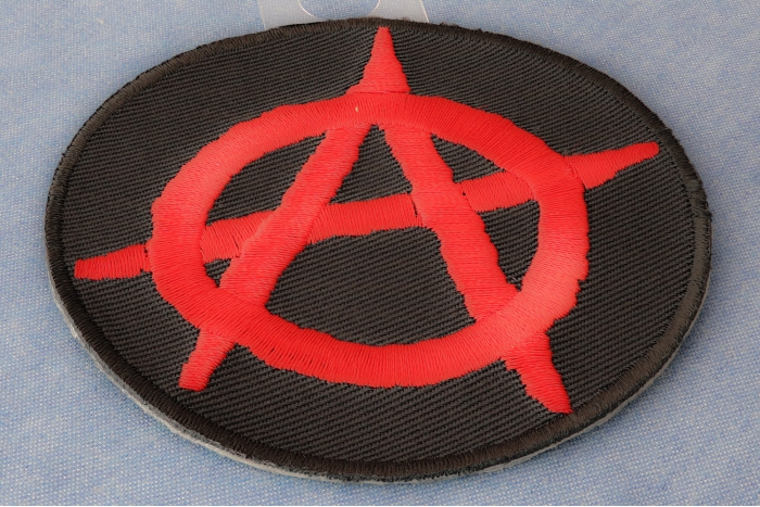 Anarchy Red Round Novelty Iron on Patch diagonal view