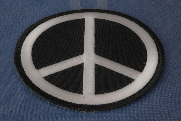Black White Peace Sign Novelty Iron on Patch diagonal view