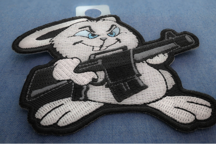 Machine Gun Bunny Rabbit Novelty Iron on Patch diagonal view