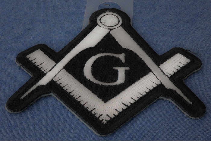 Mason Sign White Novelty Iron on Patch diagonal view